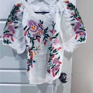 Sundance Women’s Vallejo White Blouse with Colorful Floral Embroidery